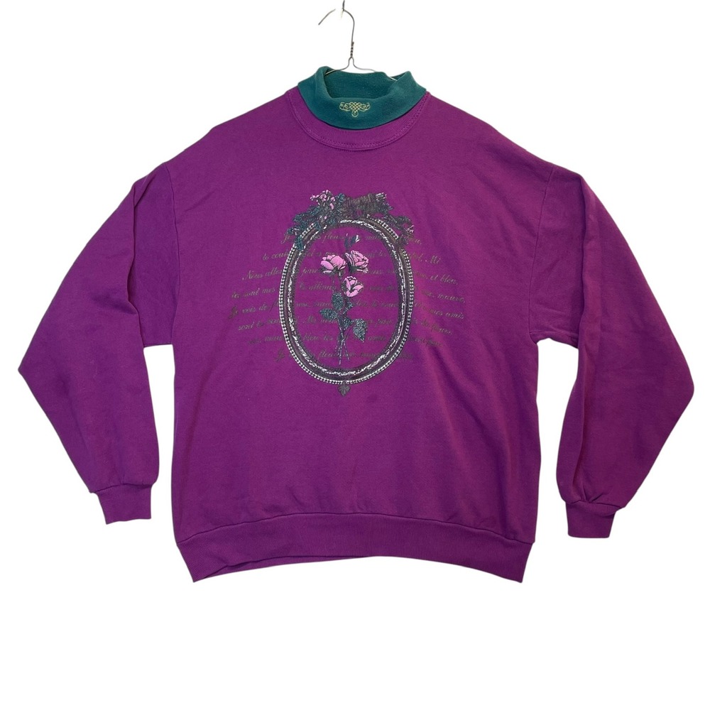 Vintage Gopher Sport Purple Rose Graphic Sweatshirt Teal Mock Neck Large USA